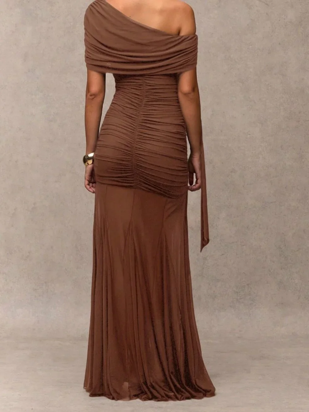 Brown Elegant Women's Ruched Asymmetric Long Dress